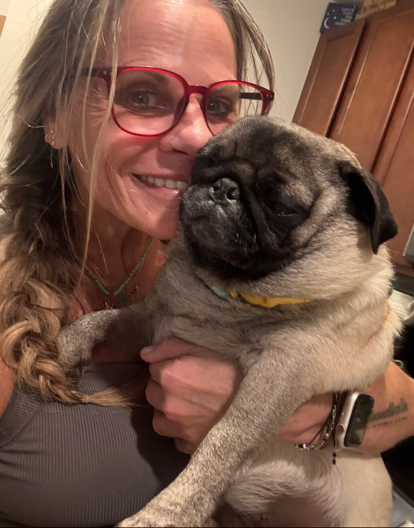 A trio of dogs and a cat are perched on a wooden table, showcasing a charming and friendly gathering.